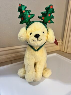 FAO Schwarz Yellow Plush Dog with Green Sparkle Tree Antlers